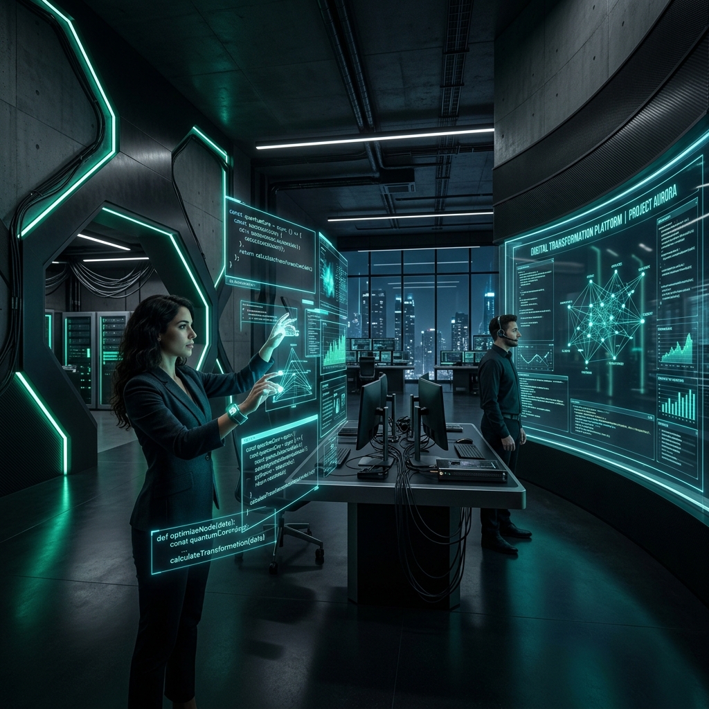 Cinematic high-tech lab with glowing code and architecture